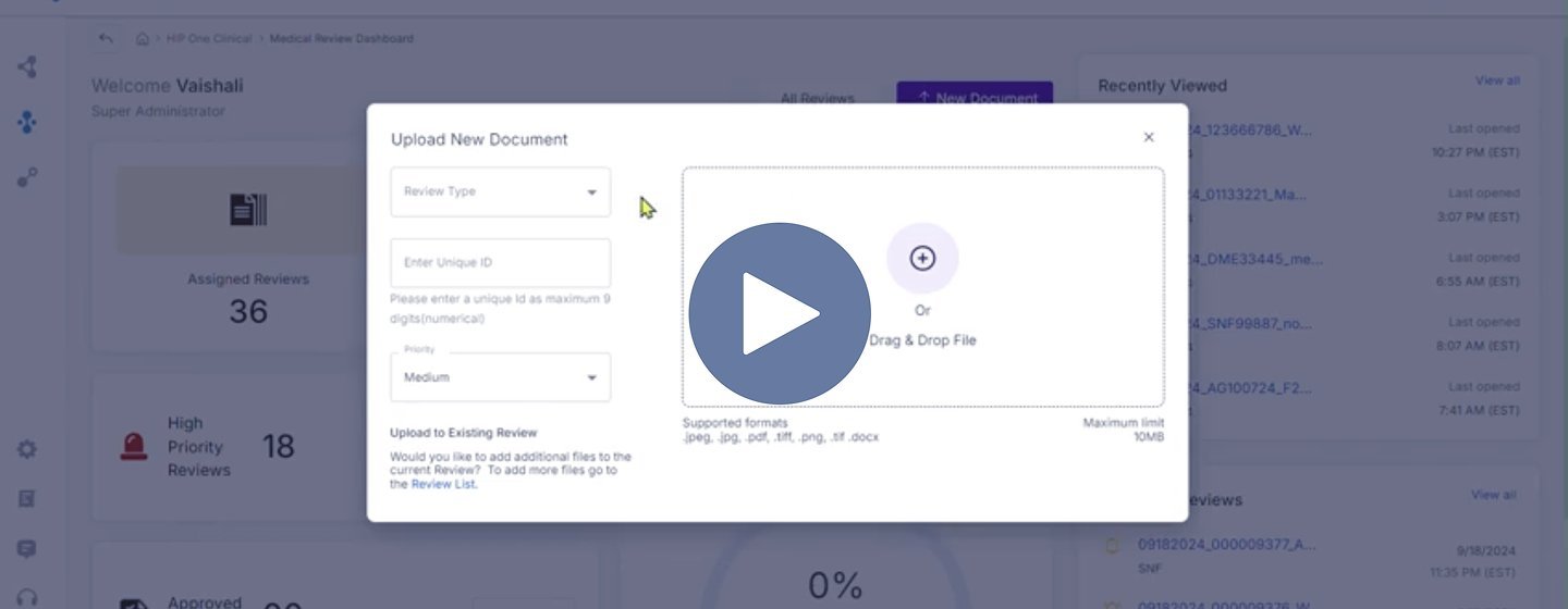 HIP One Clinical Medical Review Dashboard powered by Aether One™ — document upload and review interface running on sovereign open-weight inference
