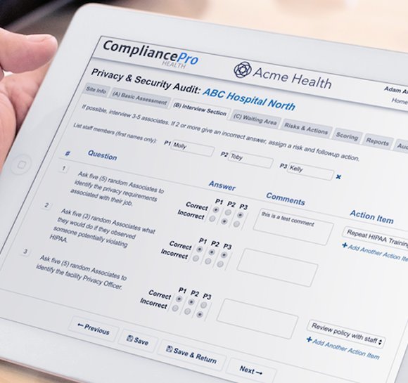 CompliancePro Solutions — privacy and security audit interface on tablet